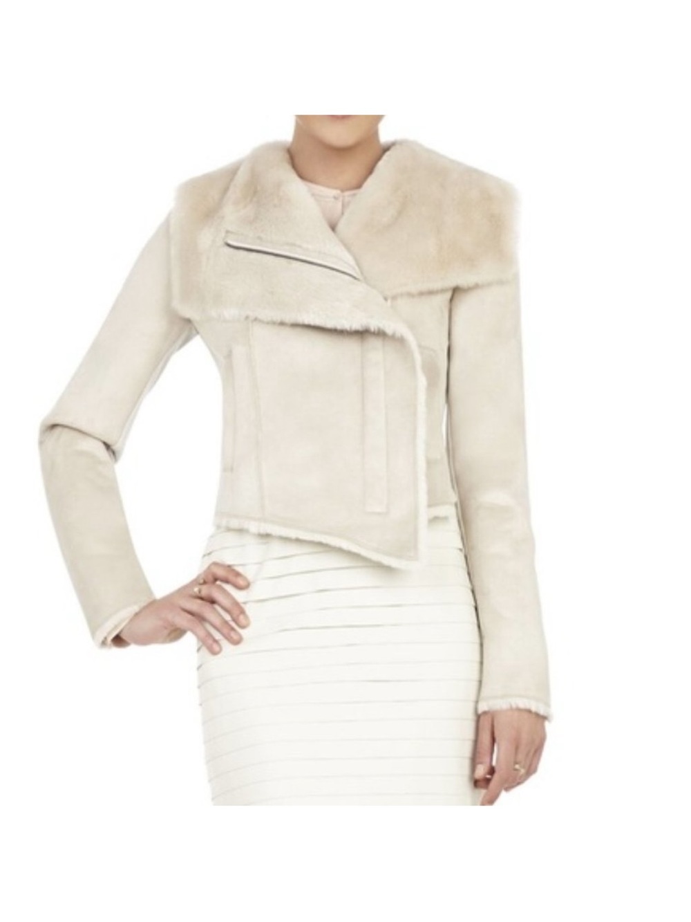 BCBGMaxAzria Vintage Women's Cream Faux Shearling Moto Jacket